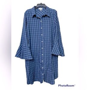 Monteau blue with white check design midi dress bell 3/4 sleeve never worn